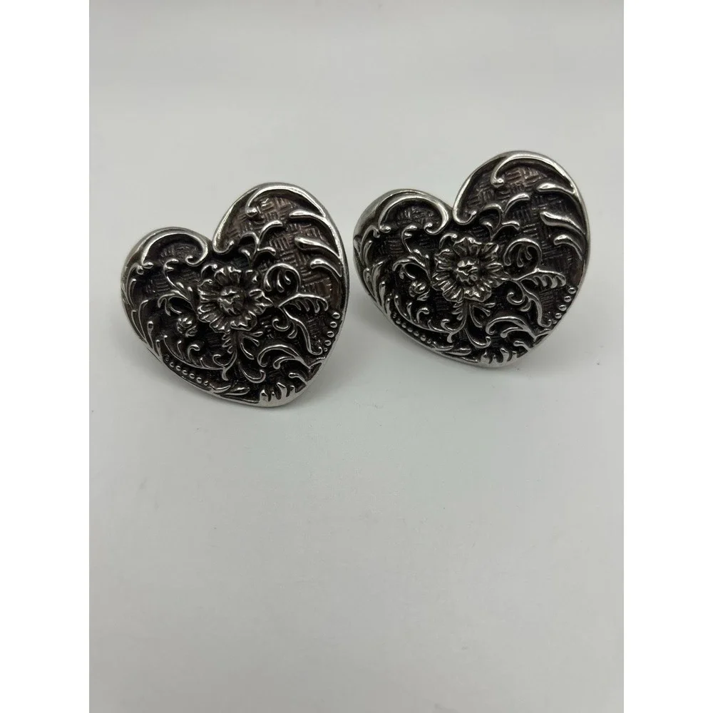 Western Heart Concho‎ Drawer Pulls Set of 2 Floral Embossed Silver Tone Hardware